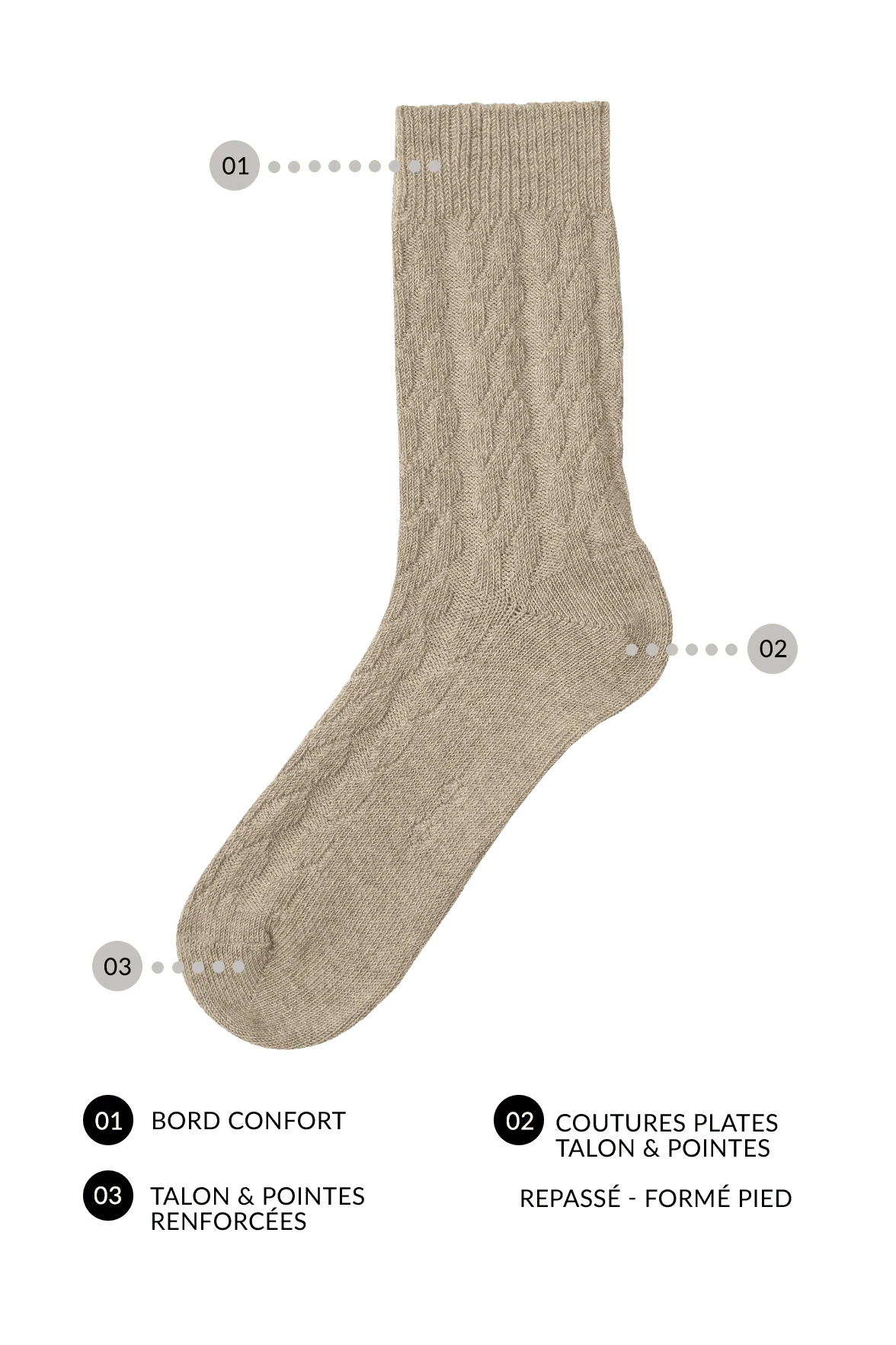 Chaussettes Motif Torsades en Coton et Laine d'Alpaga - Gris Chiné - Image 6