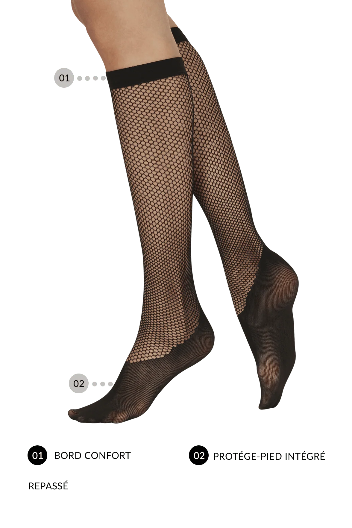 Mi-Bas Fantaisie Résille avec Protège-pieds intégré Dressing - Noir - Image 3