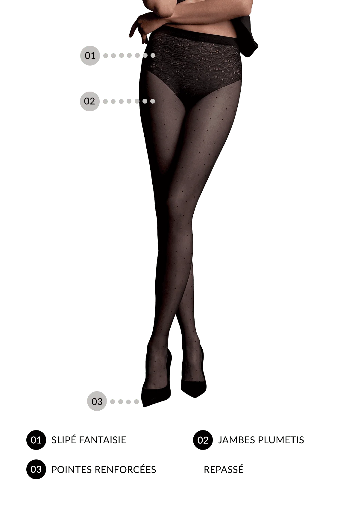 Collant Transparent Slipé Fantaisie et Jambes Plumetis 20D Dessous Chics - Noir - Image 3